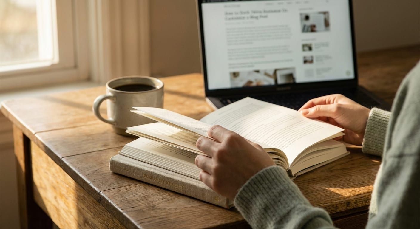 Person reading beside a laptop and coffee